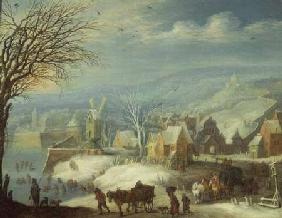 Winter landscape with numerous figures (panel)