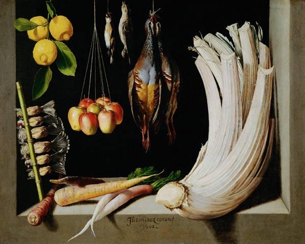 Still life with dead birds, fruit and vegetables 1602