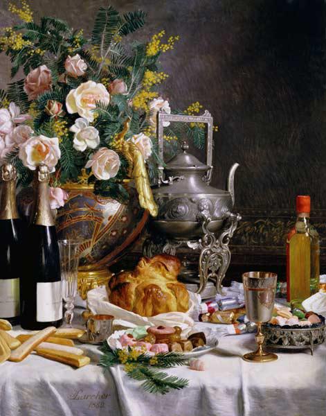 Champagner, Gebäck and Kuchen auf einer gedeckten Tafel 1889