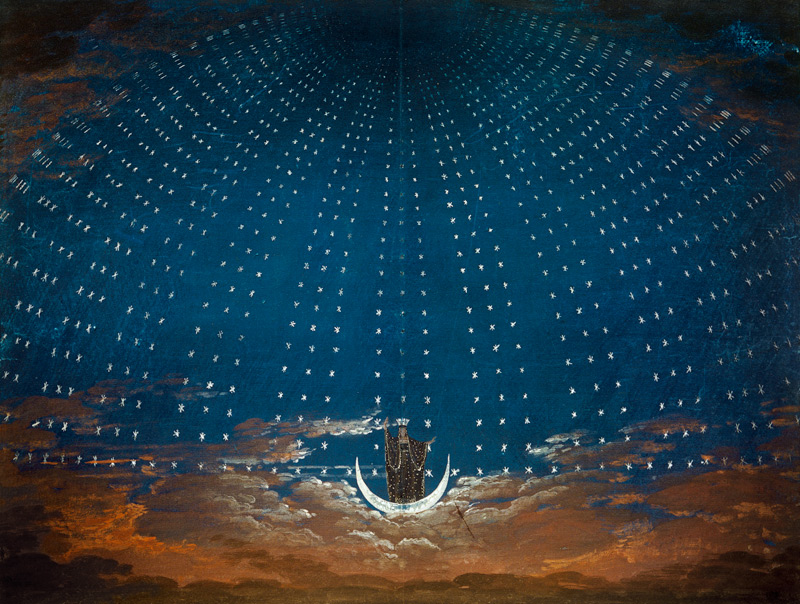 Entwurf für das Bühnenbild zu Mozarts Zauberflöte, I. Akt VI. Szene: Eingang zum Palast d.Königin von Karl Friedrich Schinkel