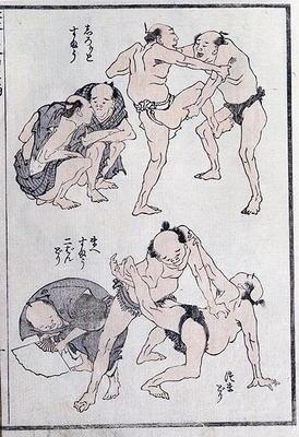 Studies of gestures and postures of wrestlers, from a Manga (colour woodblock print) 18th