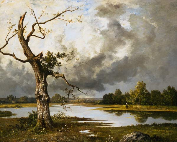 Französische Flusslandschaft mit absterbendem Baum. von Léon Richet