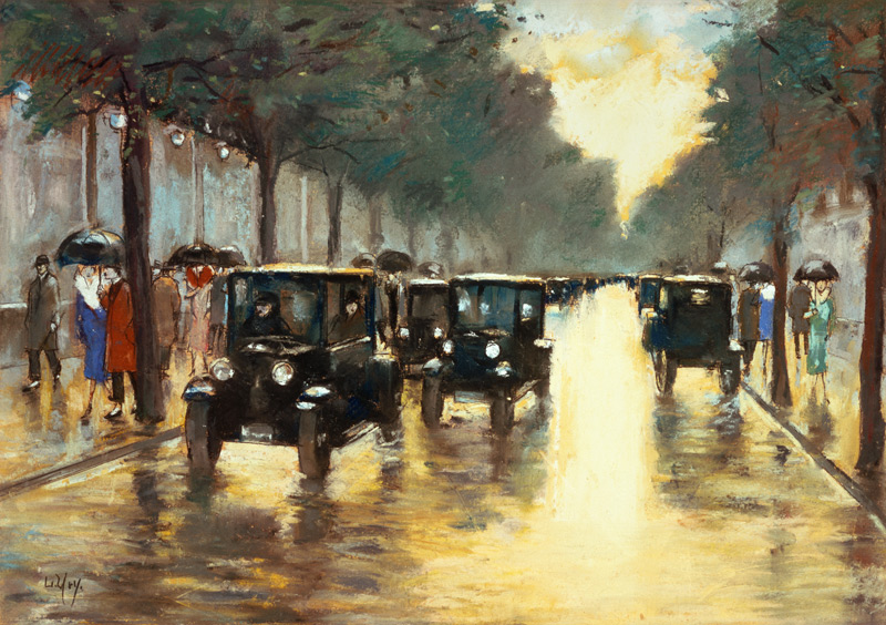 Abendliche Berliner Strasse mit Autos. von Lesser Ury