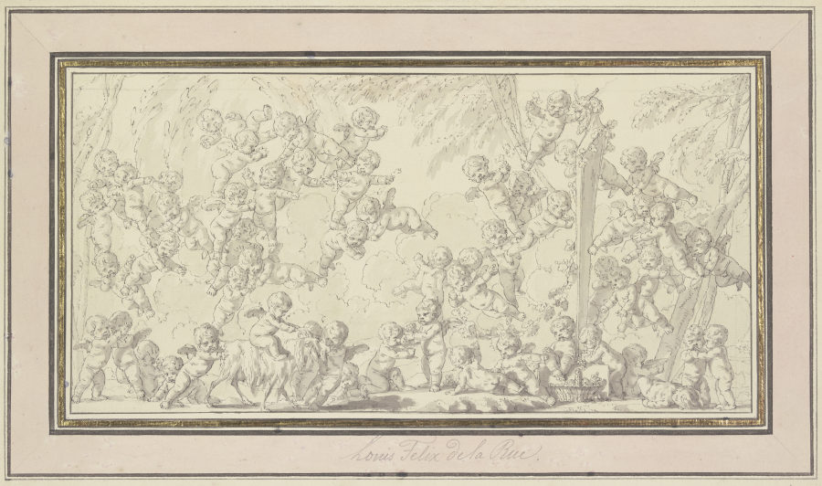 Dutzende Amoretten umwimmeln eine überlängte Panherme von Louis Félix de La Rue