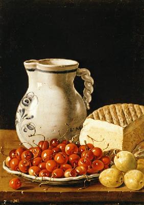 Still Life with cherries, cheese and greengages