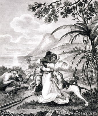 Blood Hounds attacking a Black Family in the Woods, from 'An Historical Account of the Black Empire von Marcus Rainsford