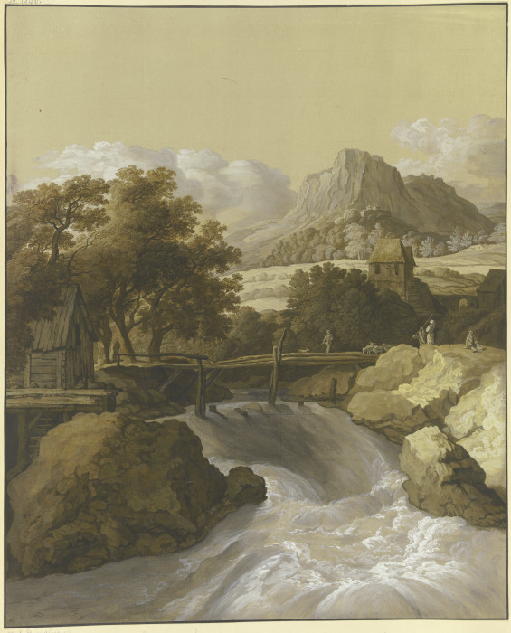Ein reißender Bach mit einer Brücke und Blick in ein Tal von Maria Katharina Prestel