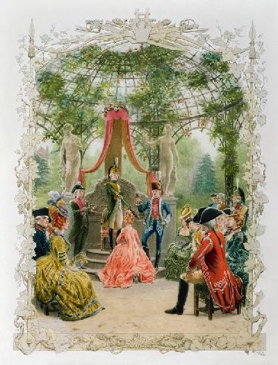 Masonic Initiation Ceremony of a lady Freemason in c.1785, 1890 (colour litho) 