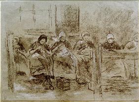 Sechs nähende holländische Mädchen vor einer Hauswand 1887