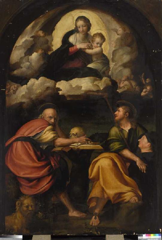 Maria mit Kind in der Glorie, den hll. Hieronymus und Jakobus mit Stifter. von Michelangelo Anselmi