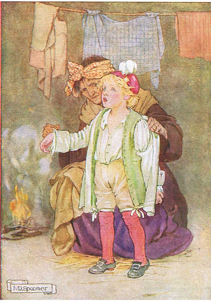 Sie zogen ihm Samt, Federn und Spitze aus (aus der Geschichte Edwy and the Echo), eine Illustration  von Minnie Didbin Spooner