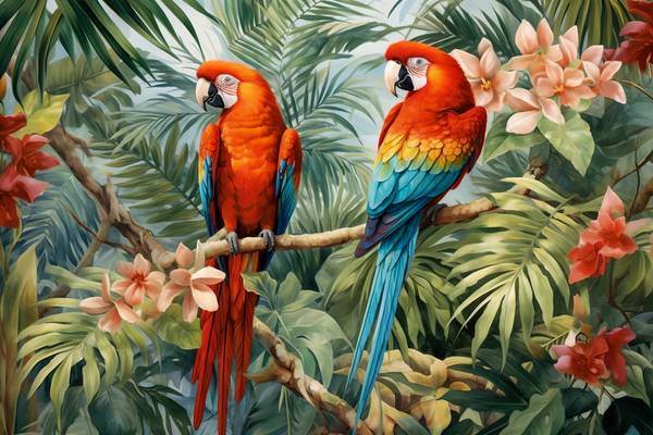 Wald, im in Papageien Kunstdruck mit Vögeln Natur, als Pflanzen oder und Tropischer Jungle Vögel Regenwald,