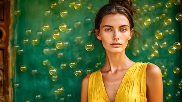 Portrait einer Frau in gelben Kleid und geben Seifenblasen auf grünen Hintergrund. von Miro May