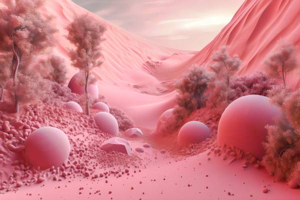 Rosa Kugeln, futuristische Landschaft mit rosa Bergen, Fantasielandschaft, Rosa Landschaft mit Kugel von Miro May