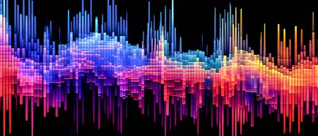 das farbenfrohe, lineare Muster elektronischer Wellenformen im Stil von Voxel-Kunst, Datenvisualisie 2023