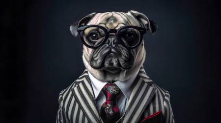 Mops mit Anzug, Krawatte und Sonnenbrille auf dunklem Hintergrund. Haustiere, Hund, Portrait, Hundep 2023