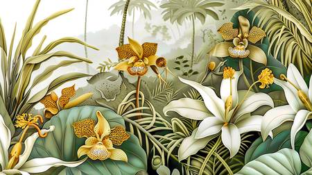 Orchideen in einem tropischen Regenwald. Florale Landschaft 2024