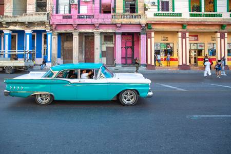 Turquoise Cadillac in Havana, Cuba. Oldtimer in Havanna, Kuba. 2020