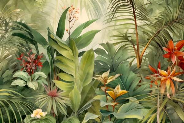 Tropische Blumen im Regenwald. Boho Style. Landschaft mit Blumen von Miro May