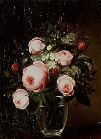 Rosa Rosen in einer Vase - Monogrammist M.L. als Kunstdruck oder  handgemaltes Gemälde.