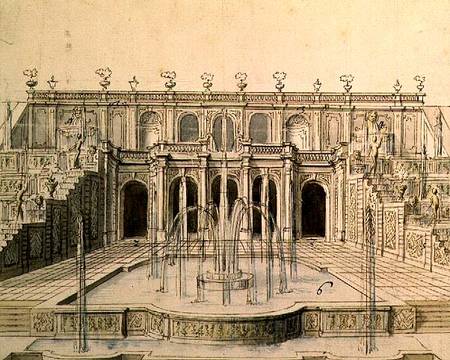 The Great Cascade in the lower park at Peterhof, 1720 (pen, brush von Niccolo Michetti