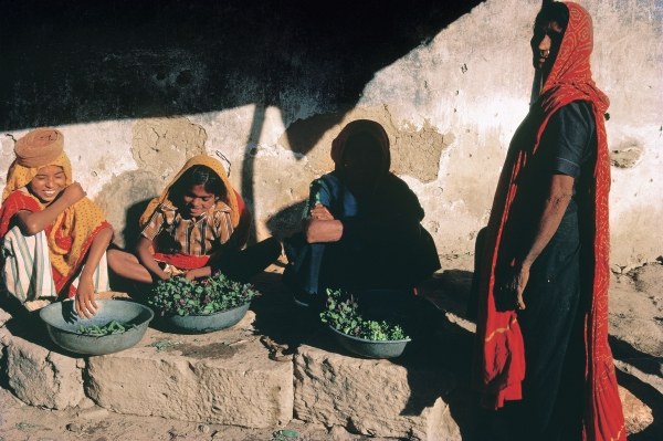 Sellers in vegetable market with typical dresses, Chorwad (photo)  von 