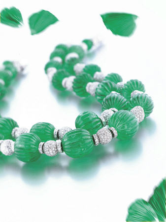 Two Magnificent Fluted Emerald Bead And Diamond Necklaces Comprising Seventeen And Fifteen Fluted Em von 