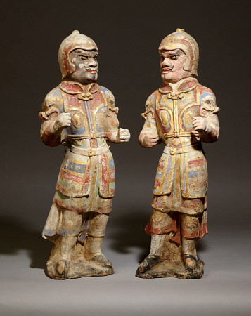 Two Very Rare Gilt And Polychrome Painted Pottery Figures Of Warriors von 