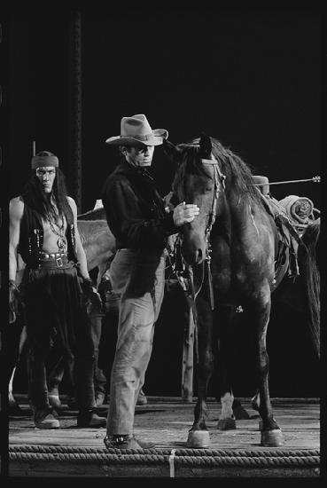 Gregory Peck with horse on the set of Mackennas Gold 1969