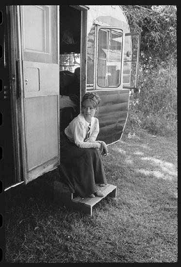 Jeanne Moreau by her actors trailer on the set of Viva Maria 1965