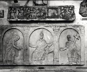 Top: Lid of a sarcophagus depicting Adam and Eve, Daniel and Jonah; Bottom: Christ Enthroned with St