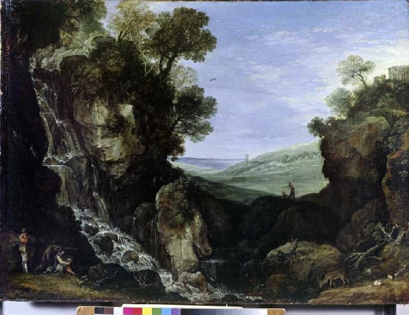 Landschaft mit Wasserfall und dem Vestatempel von Tivoli von Paul Bril