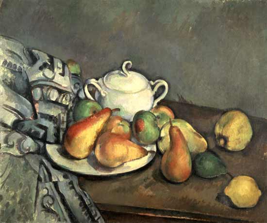 Stillleben mit Zuckerdose, Birnen und Tischdecke von Paul Cézanne