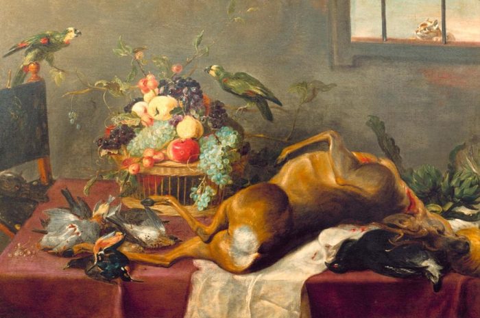 Jagdstilleben mit erlegtem Hirsch, Früchtekorb, Federwild u von Paul de Vos