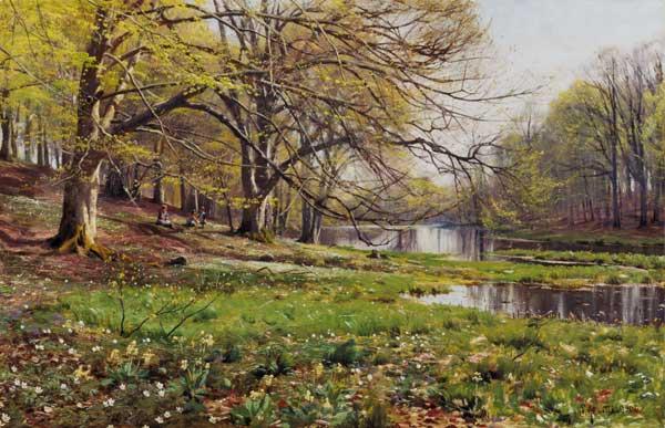 Flußlandschaft im Frühling mit spielenden Kindern 1906