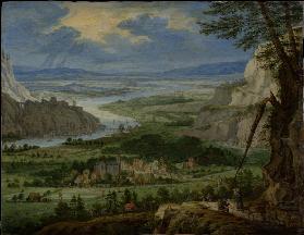 Flusslandschaft mit Reisenden im Vordergrund