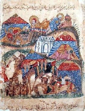 Ms c-23 f.12a A Caravan Stop, from 'The Maqamat' (The Meetings) by Al-Hariri (1054-1121) c.1240