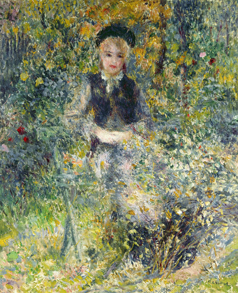 Junges Mädchen auf einer Gartenbank. - Pierre-Auguste Renoir als Kunstdruck  oder Gemälde.