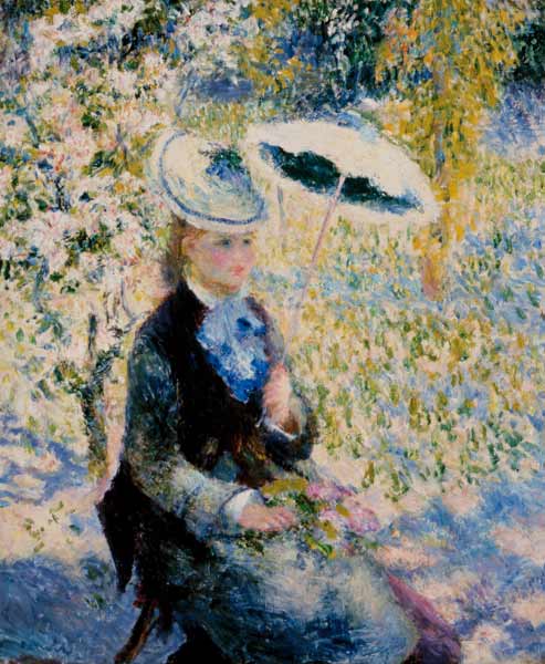 Frau mit Sonnenschirm zwischen Blüten - Pierre-Auguste Renoir als  Kunstdruck oder handgemaltes Gemälde.