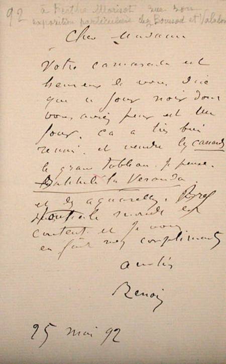 Letter from Renoir to Berthe Morisot (1841-95) regarding her first exhibition von Pierre-Auguste Renoir