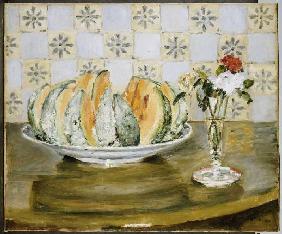 Stillleben mit Melone und einer Vase mit Blumen 1883