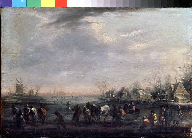 Winterlandschaft mit Schlittschuhläufer von Pieter Bout