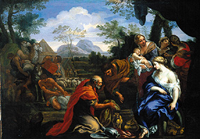 Rahel, auf den verborgenen Götzenbildern ihres Vaters sitzend. von Pietro da Cortona (Umkreis)