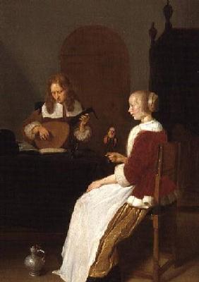 An interior with a lute player and a woman holding a parrot