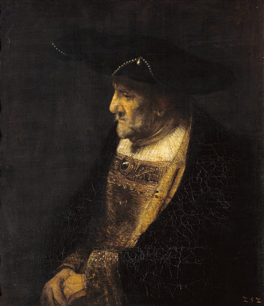 Bildnis eines Mannes mit Perlen am Hut. von Rembrandt van Rijn