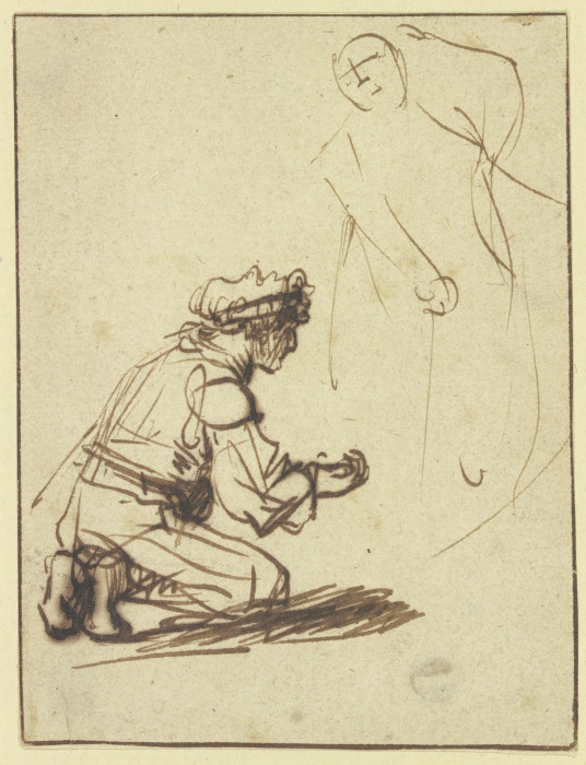 Vor einer nur angedeuteten Gestalt kniender Mann von Rembrandt van Rijn