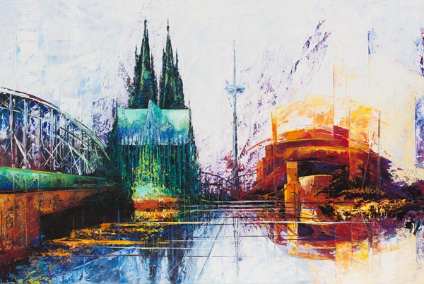 Kölner Dom Skyline Farbe 3 - Renate Berghaus als Kunstdruck oder  handgemaltes Gemälde.