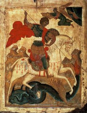 St. George and the Dragon (tempera on fabric, gesso, and 16th