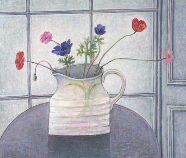 Anemones and Poppies, 2008 (oil on canvas) jug; flowers; still life; inetrior; window; table; white 