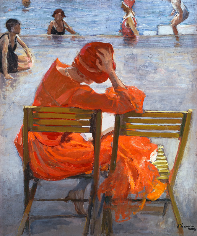 Junge Frau in einem roten Kleid an einem Swimming Pool von Sir John Lavery